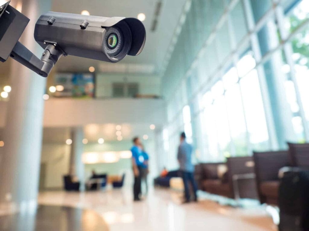 A security camera is mounted indoors by a general contractor Houston, TX, focusing on a modern lobby with large windows and blurred people standing and sitting in the background.