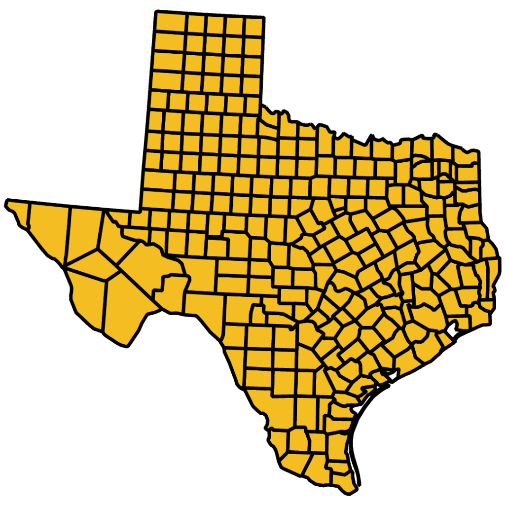 Outline map of Texas showing all counties divided by black lines, each county filled in yellow. Ideal for a general contractor Houston, TX to highlight service areas—no labels or additional geographic features are shown.