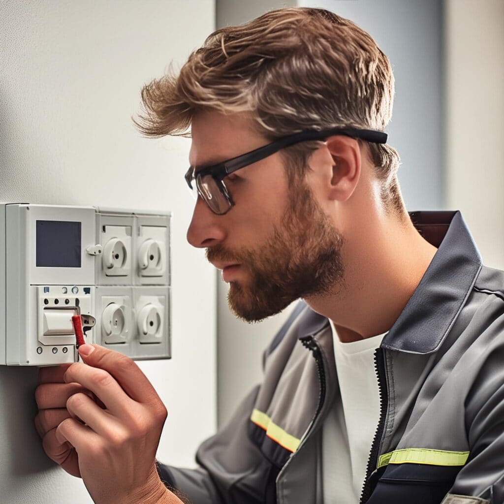 A man wearing safety glasses and a work uniform uses a screwdriver to adjust a wall-mounted electrical panel with multiple outlets and switches, showcasing the expertise of a general contractor Houston, TX.