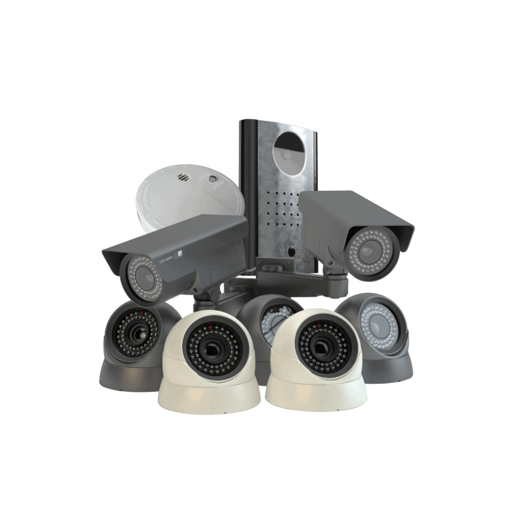 A group of various security cameras, including dome and bullet styles, arranged together on a plain gray background—ideal for residential security systems Houston, TX.